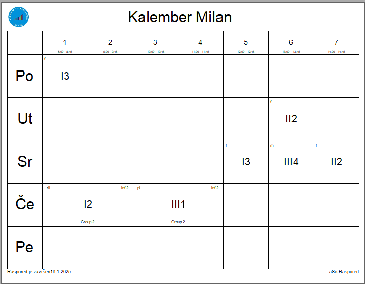 A calendar with numbers and letters

Description automatically generated